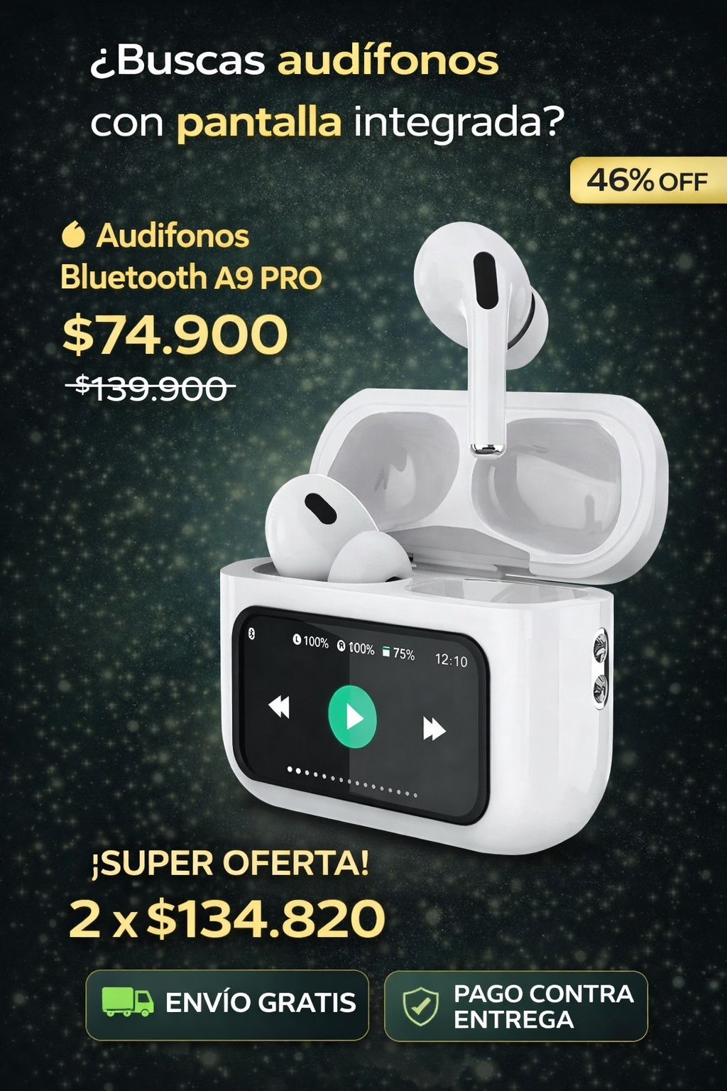 ¡Audifonos Pantalla A9 Pro Airpods con cancelacion de ruido!