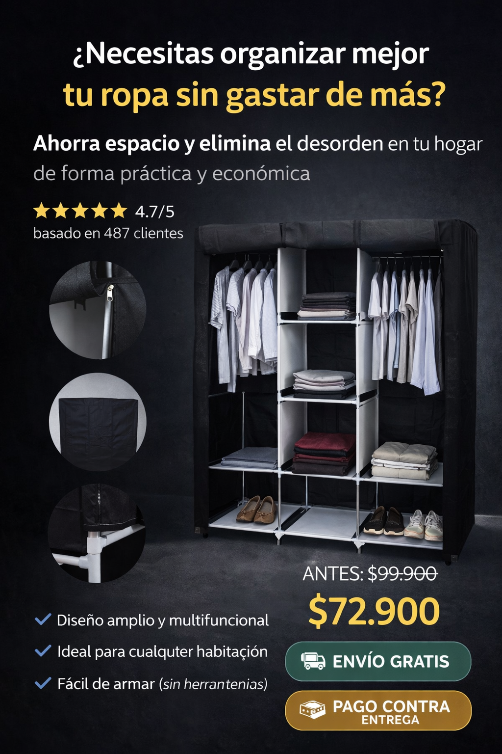 Closet Armario Portátil de Tela 3 Puestos